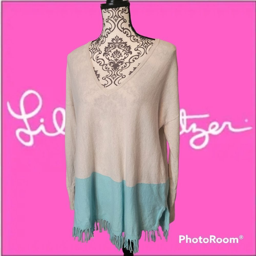 Lilly Pulitzer Cashmere Fringe Sweater S/M Colorblock Knit Pullover Blue